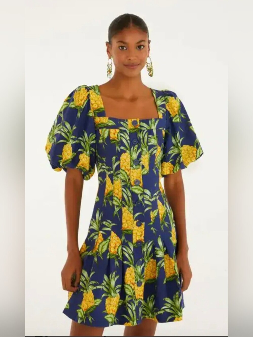 FARM Rio NWT Navy Blue Delicate Pineapple Linen-Blend Mini Dress XXS